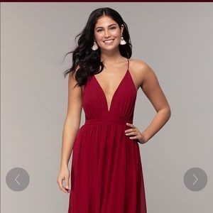 Long V-Neck Open Back Burgundy Prom Dress